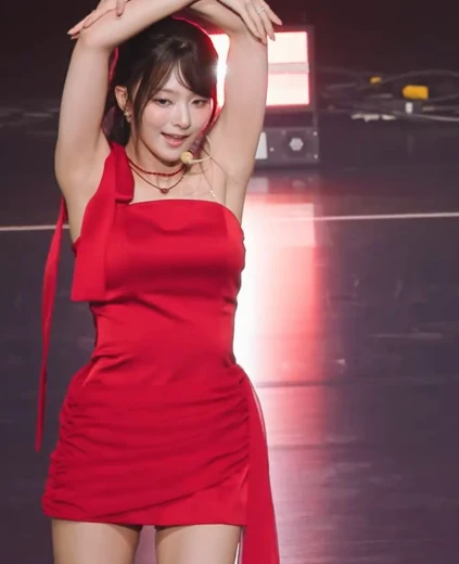 이나경 꿀벅지 빨간 원오프숄더 의상 입고 두팔 올리는 겨드랑이