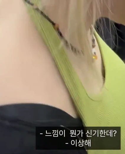 지지원 가슴 위에서 찍은 묵직한 연두색 골지 나시 경멸하는 눈빛