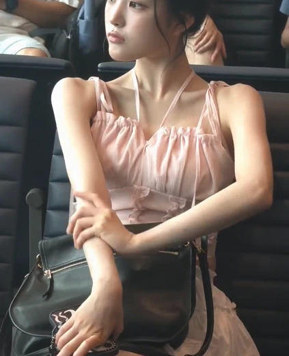 트리플에스 지연 허벅지 핑크색 프릴 끈나시 공항패션 페로몬